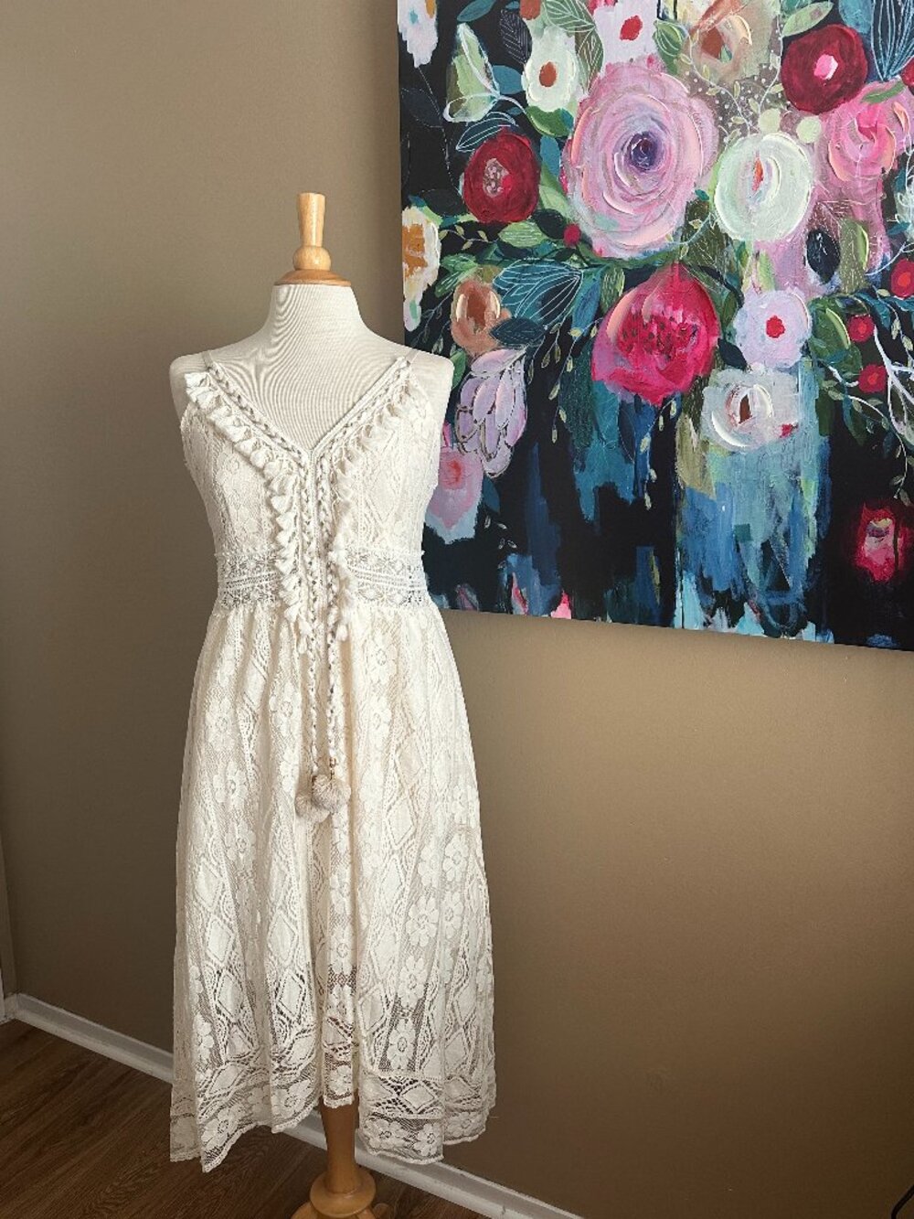 Boho Cream Lace Maxi Dress Tassel Festival Tagged XXL Runs Small